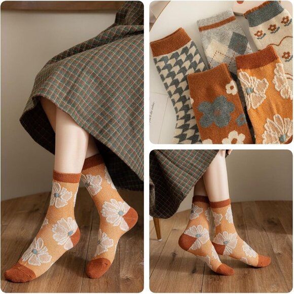 5/10 Pairs Wool Socks for Women Thick Knit Vintage Cute Floral Crew Socks - Picture 7 of 8